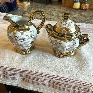 Gold and Pink Cream Pitcher and Sugar bowl